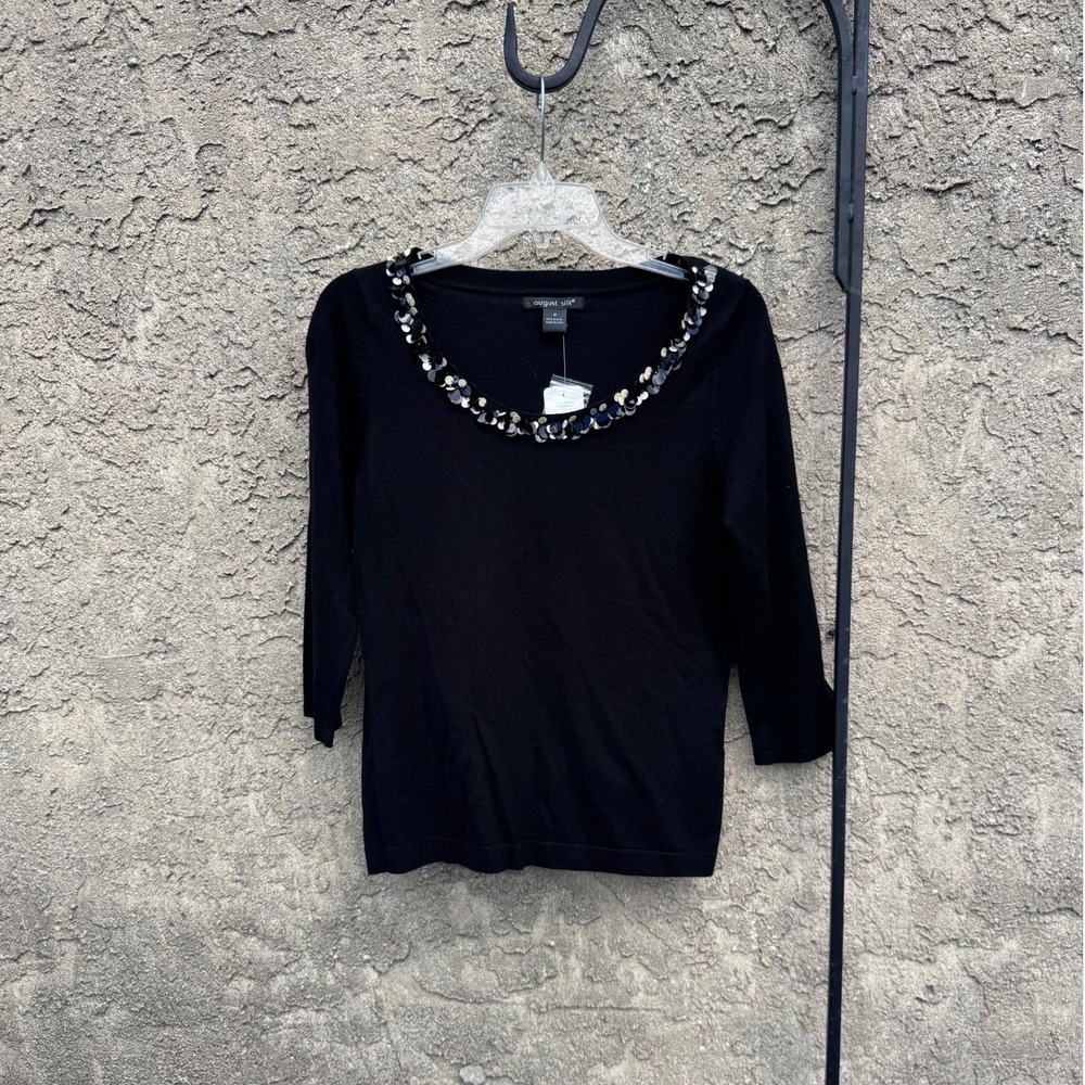 August‎ Silk Sweater Women Medium Black Sequin Beaded Neck 3/4 Sleeve Pullover